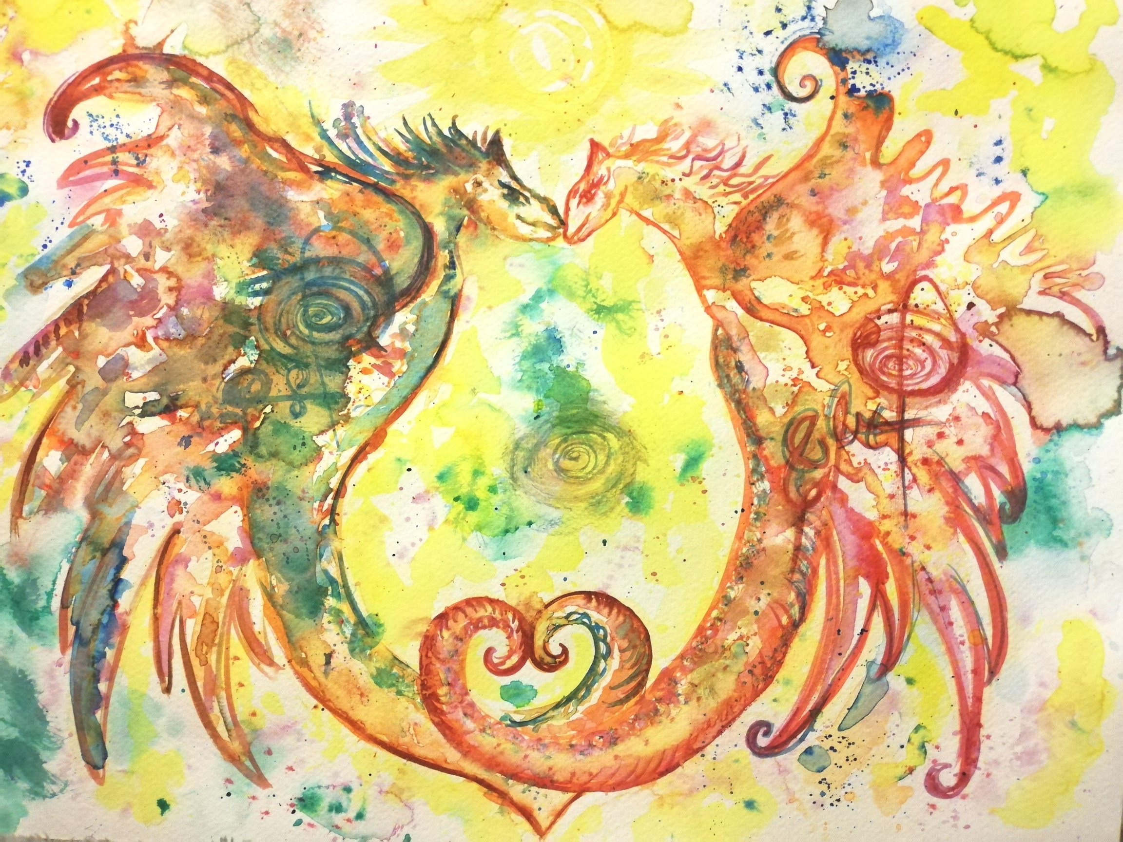 dragon, peinture énergétique, aquarelle, beauté , dragonne, douceur, amour, bienveillance