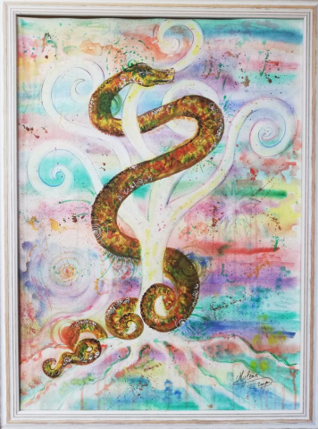 peinture, peinture énergétique, animaux, serpent, arbre de vie, espoir, création, plénitude, spiritualité, couleurs